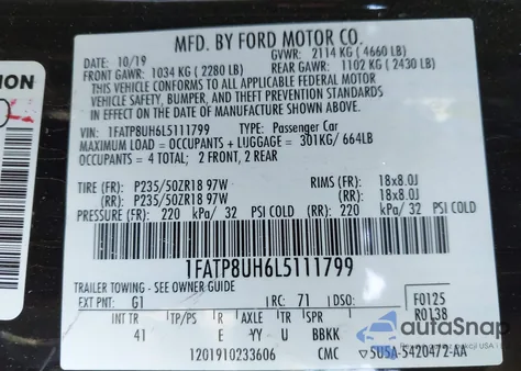 2020 Ford Mustang Ecoboost Premium из США, поврежденный, VIN 1FATP8UH6L5111799